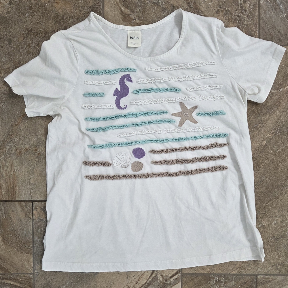 Blair White Nautical Graphic‎ Tee Women XL Ocean Textured 3D